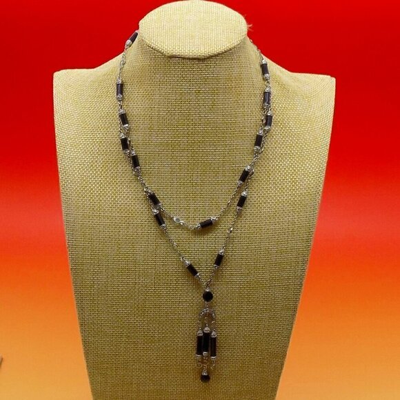 Art Deco Style Black Bead Necklace Silver-tone Clear Stone Station 2 Row Layered - Picture 1 of 10